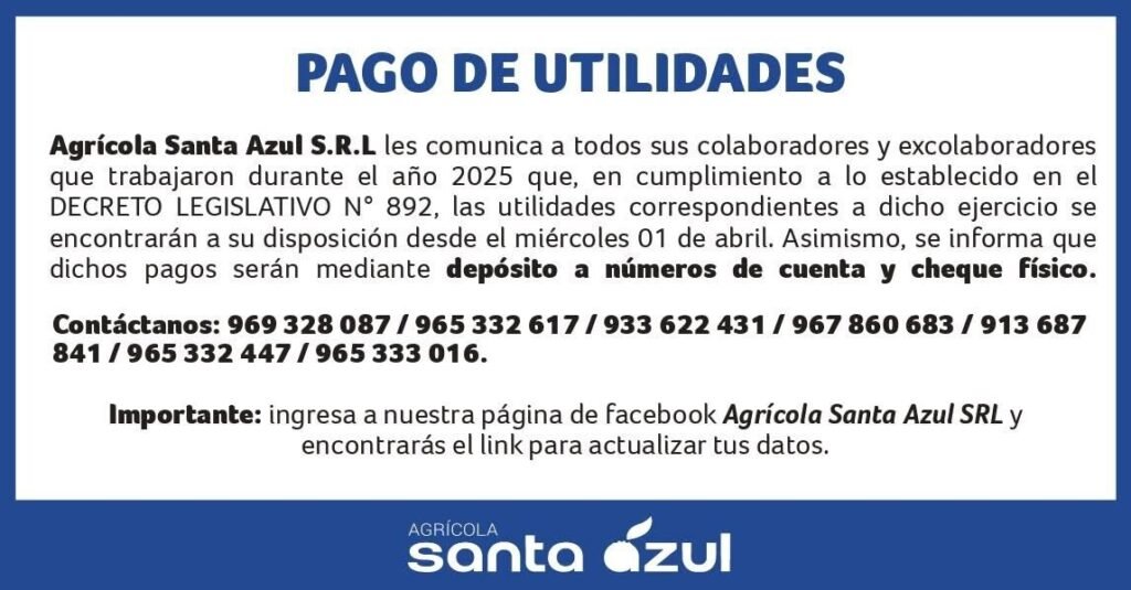 Pago de utilidades 2026 en agricola santa Azul
