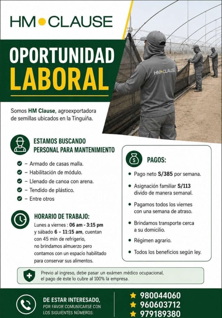 Oportunidad laboral en HM Clause – personal para mantenimiento