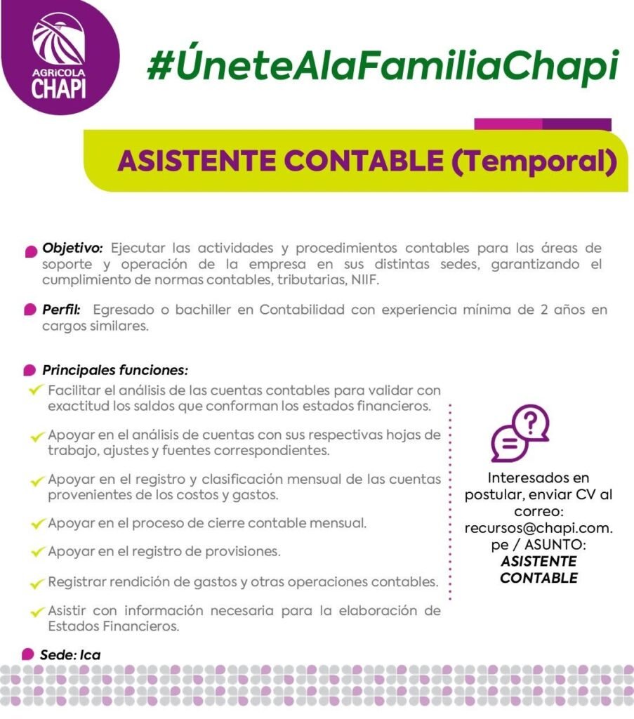 Asistente Contable en Ica - Agricola Chapi - Imagen 1