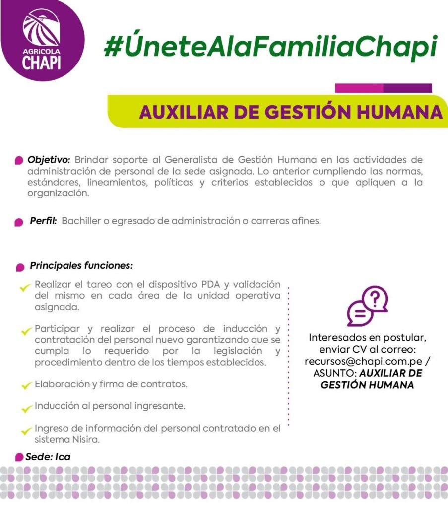 Auxiliar de Gestión Humana en Agricola Chapi
