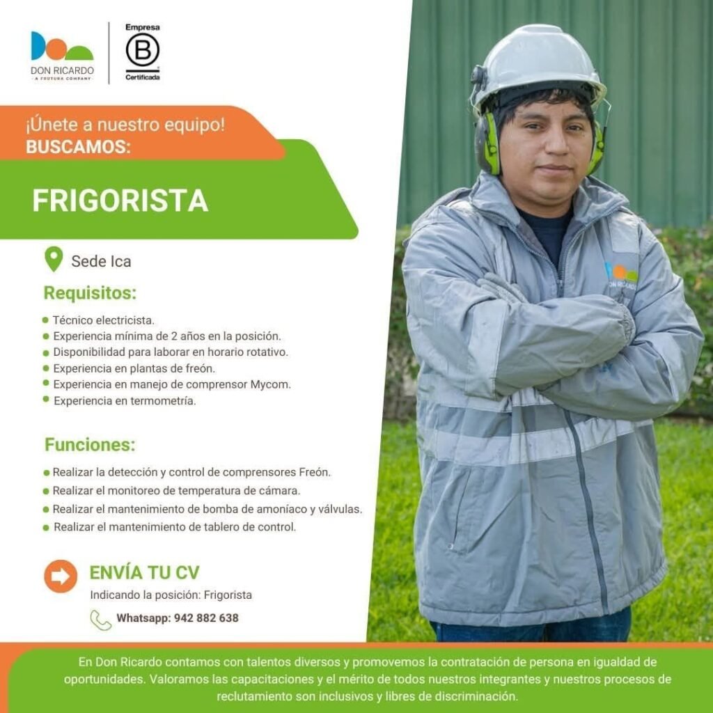 Frigorista para Agricola Don Ricardo