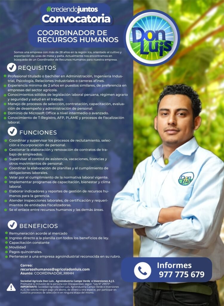Coordinador de Recursos Humanos para Agricola Don Luis