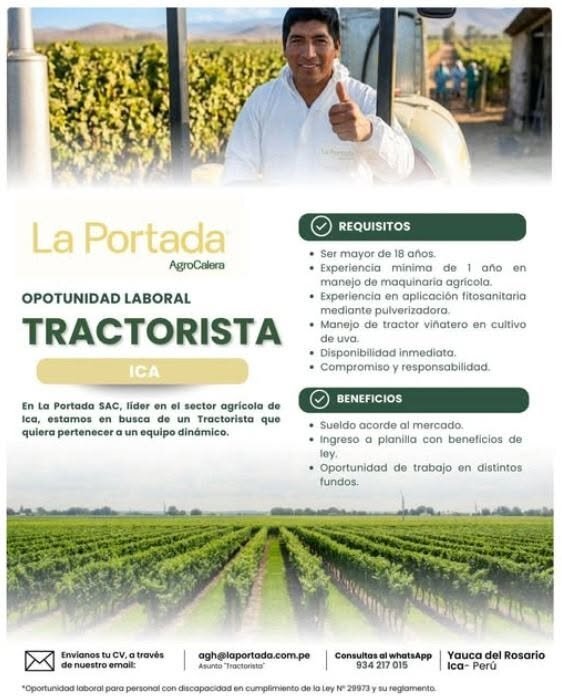 Tractorista para agricola la Portada en Yauca del Rosario – Ica