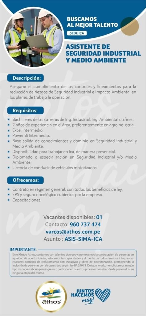 Asistente de Seguridad Industrial y Medio Ambiente para Athos Ica