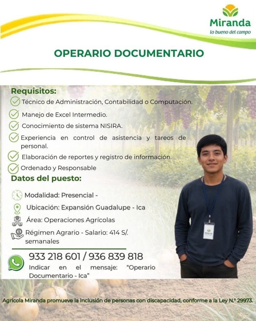 Operario Documentario para Agricola Miranda