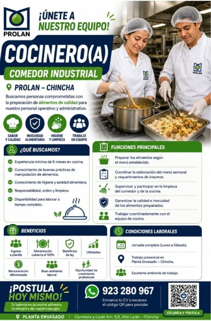 Cocinero para Prolan en Chincha