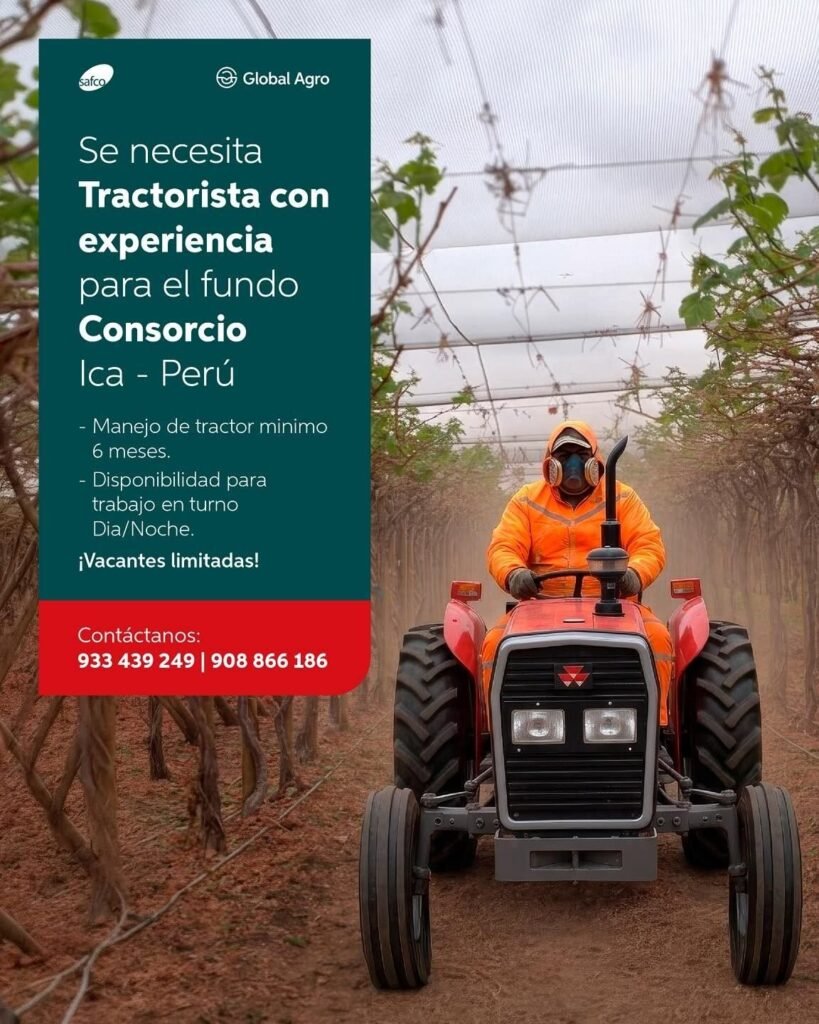 Tractoristas para Agricola Safco en Ica