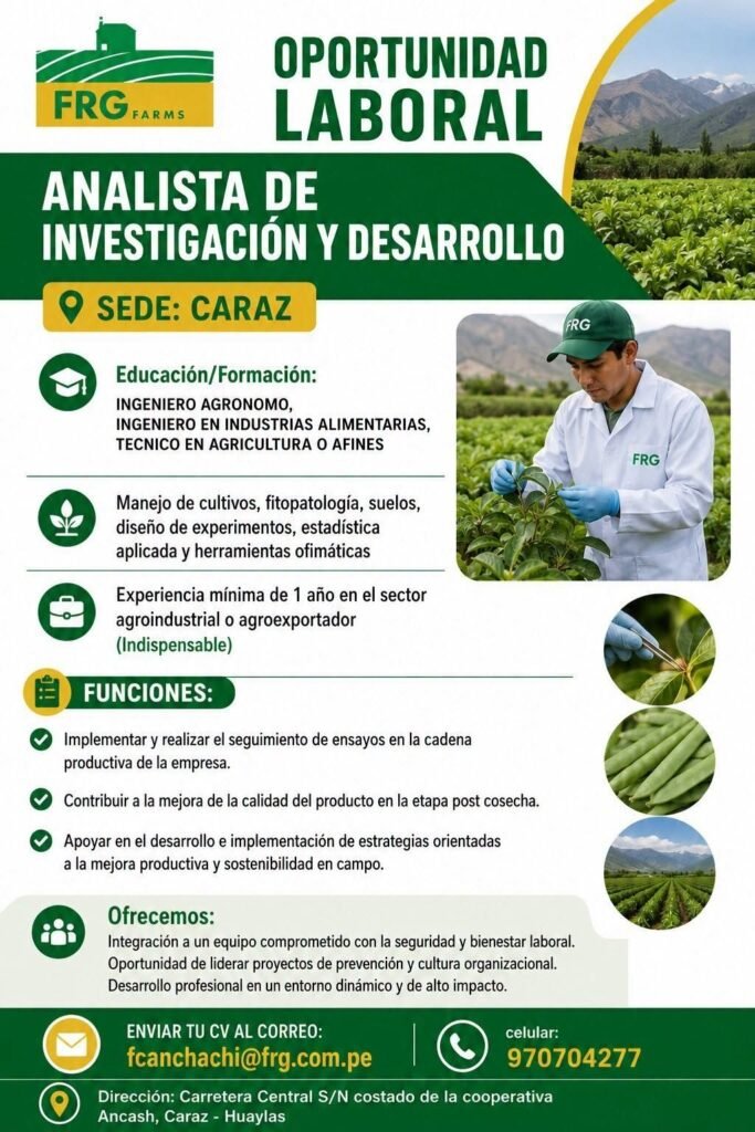 Analista de investigacion y desarrollo en FRG FARMS