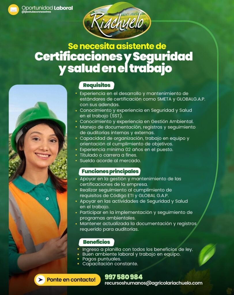 Asistente de certificaciones y Seguridad y Salud en el Trabajo – Agricola Riachuelo