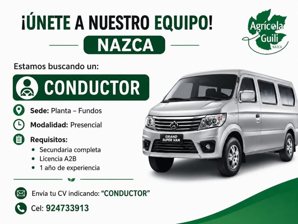 Conductor para unirse a nuestro equipo en Nazca
