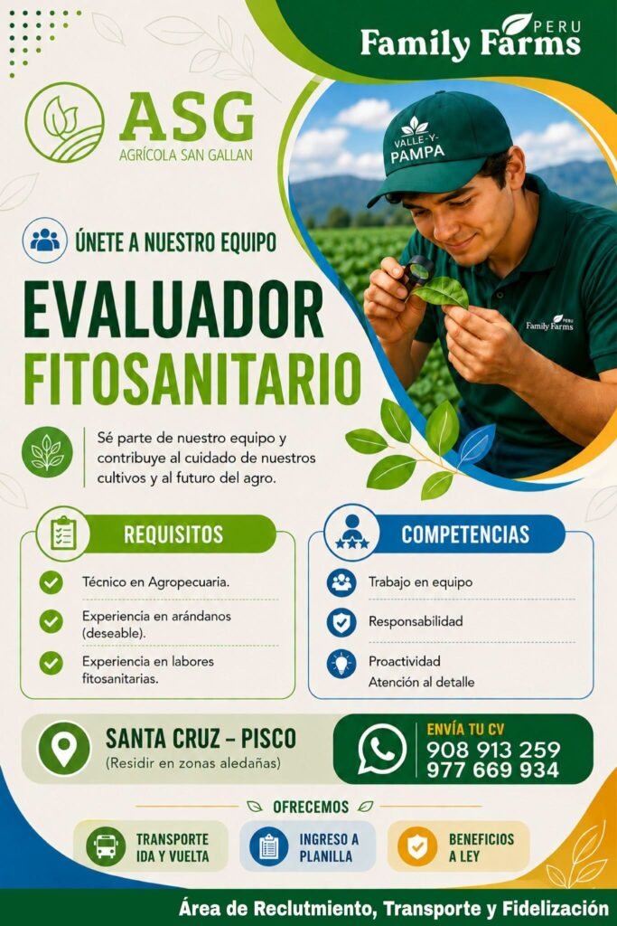 Oportunidad laboral en Family Farms Perú / Agrícola San Gallán