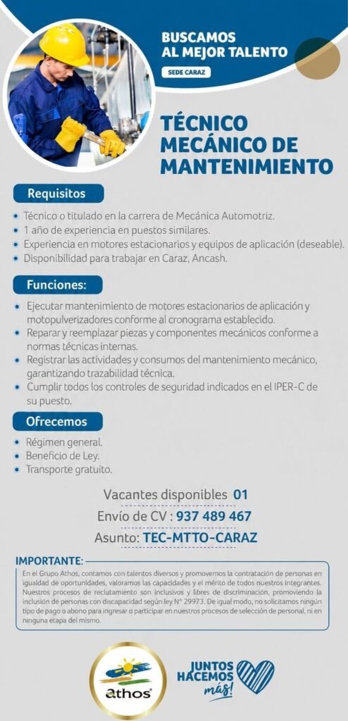 Técnico Mecánico de Mantenimiento para Athos caraz