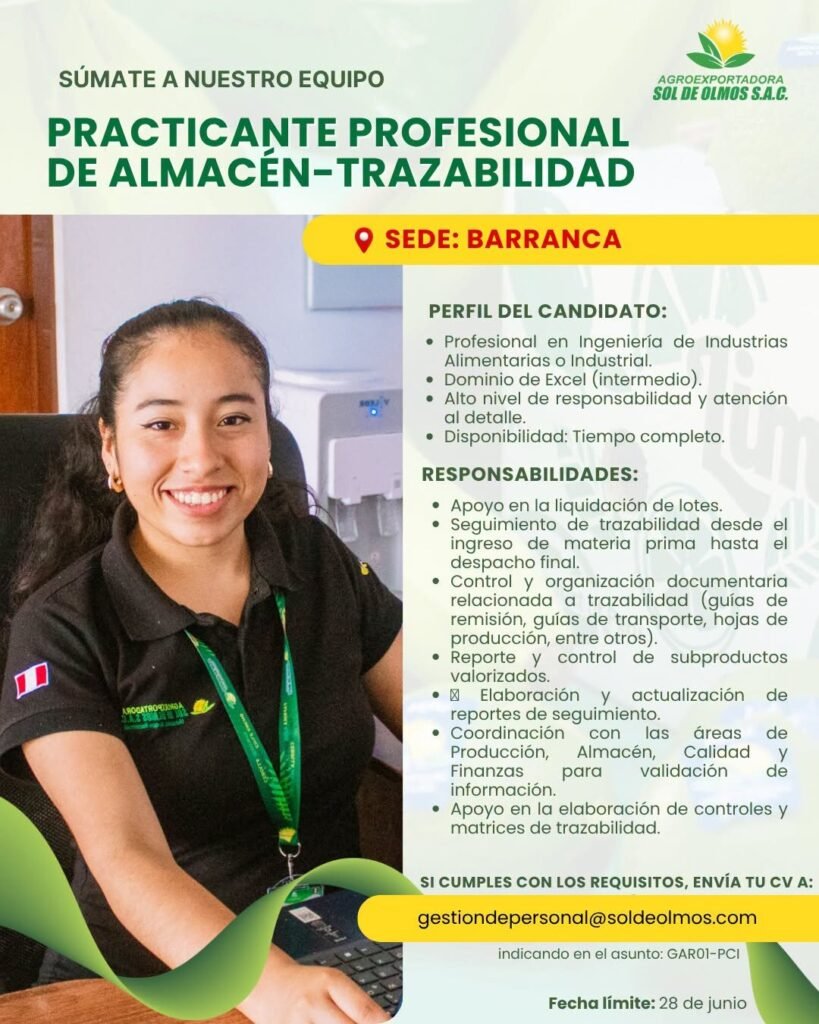 Oportunidades laborales en agroexportadora Sol de olmos Sac - Imagen 2