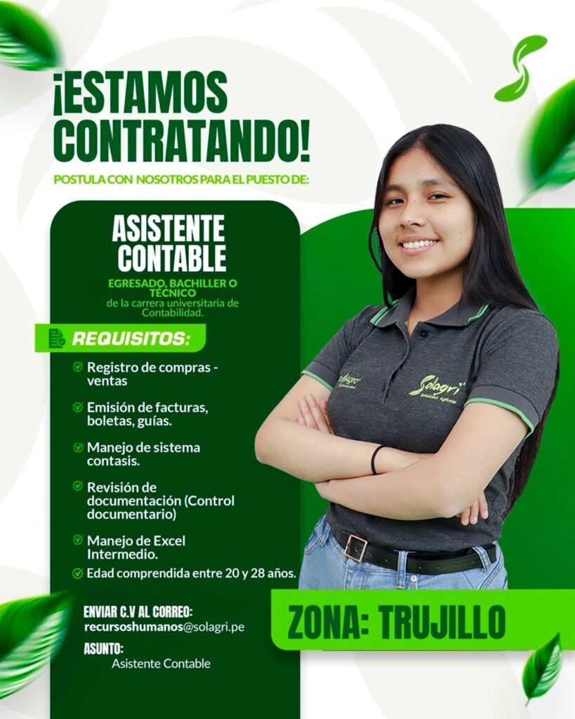 Asistente Contable para solagri en Trujillo