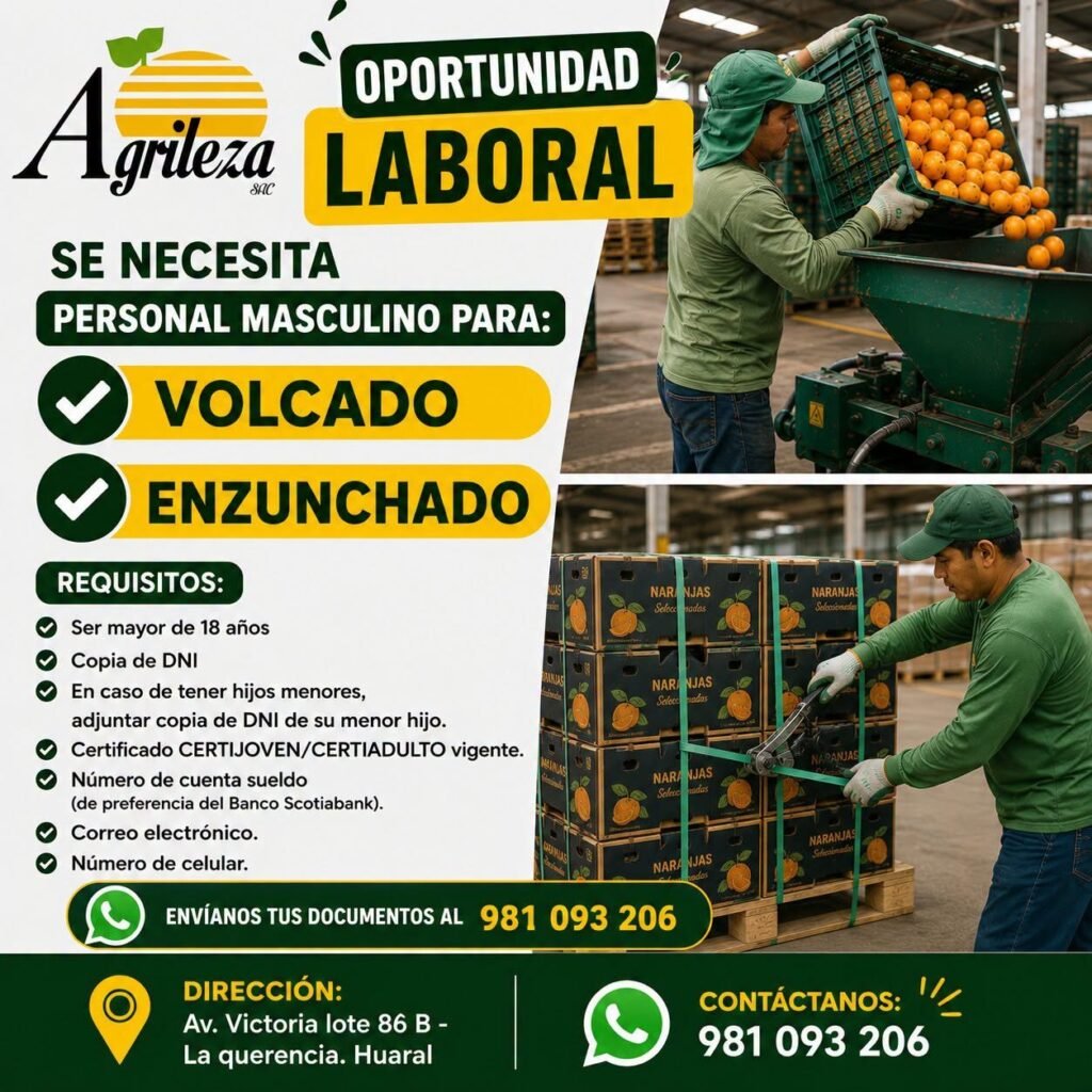Se necesita personal para volcado y enzunchado en Agrileza