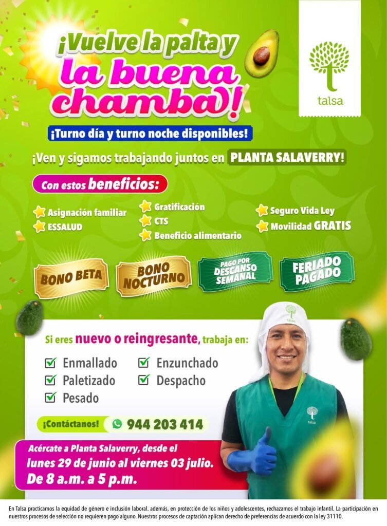 Hay nuevas oportunidades laborales en packing salaverry – Talsa