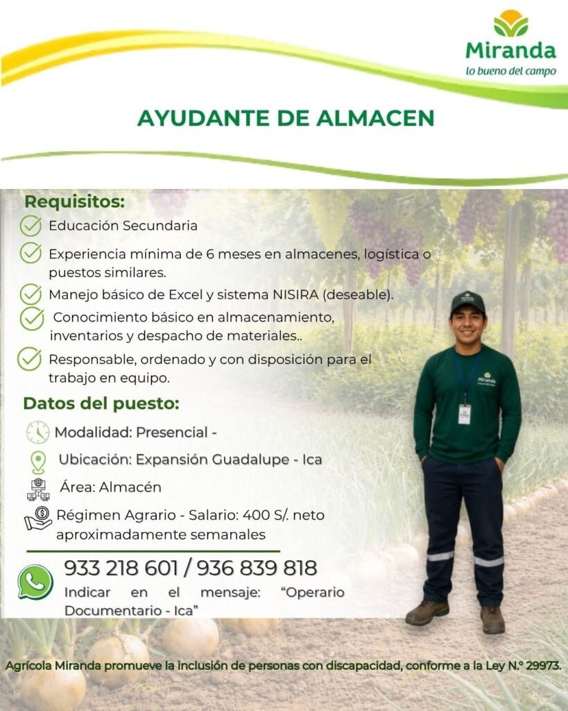 Se requiere Ayudante de Almacén para agricola Miranda en Ica