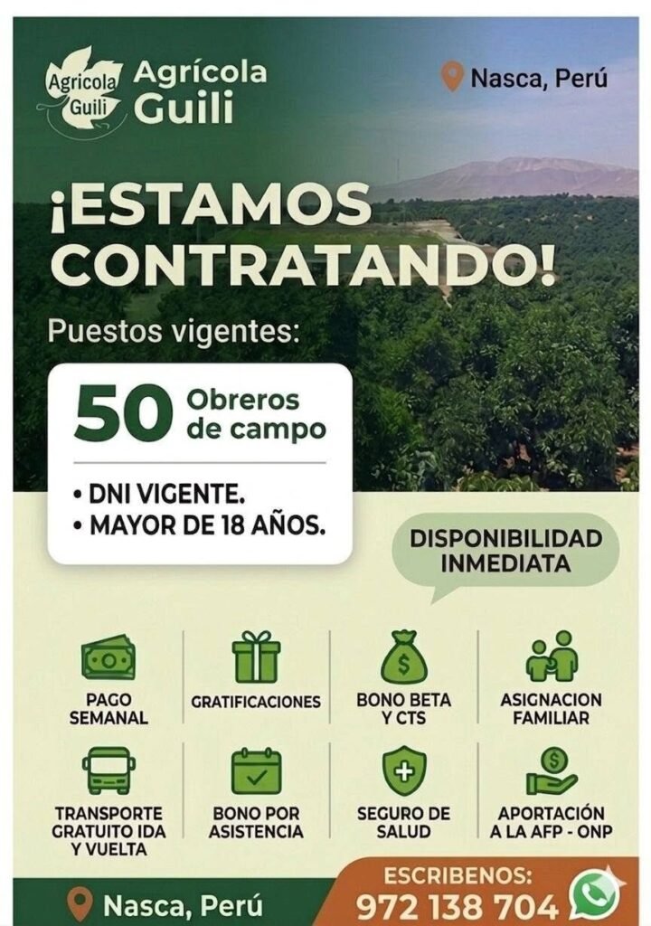50 obreros de campo para nuestro equipo en Nasca, Agricola Guili