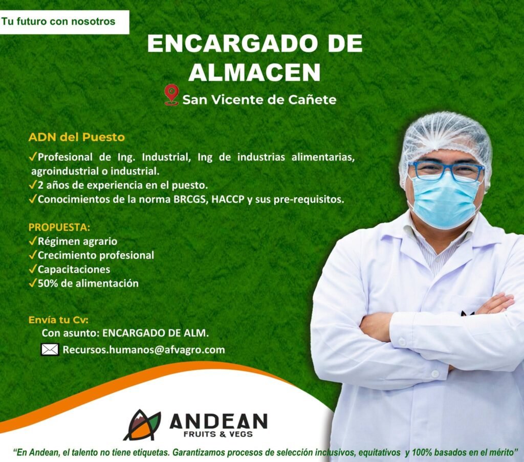 Encargado de Almacén para nuestra empresa ubicada en San Vicente de Cañete