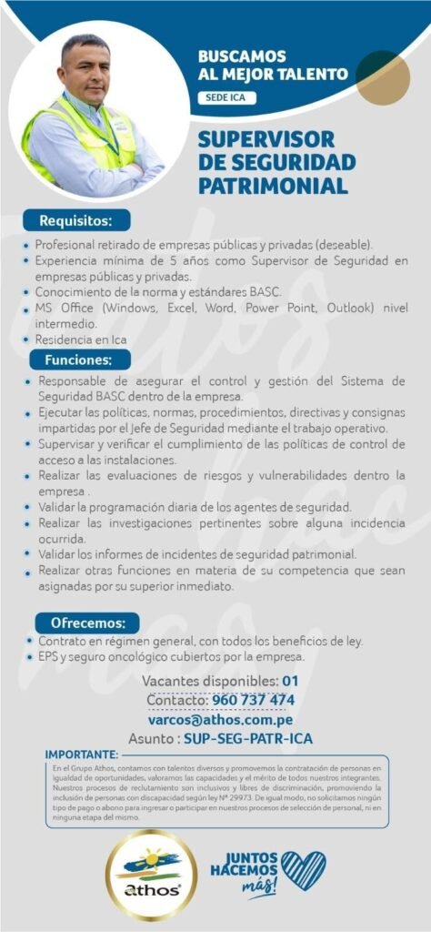 Supervisor de Seguridad Patrimonial en Athos sede – Ica