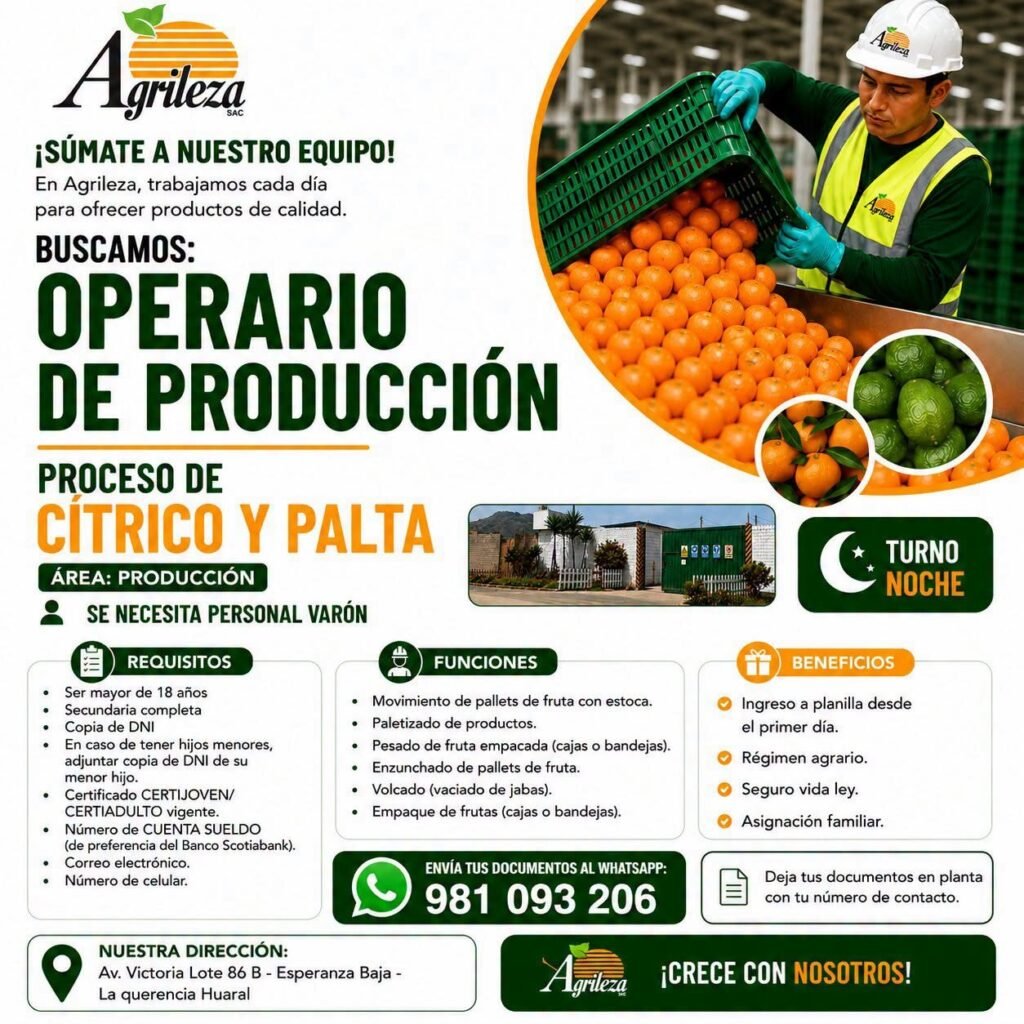 Operario de Producción para el proceso de cítricos y palta
