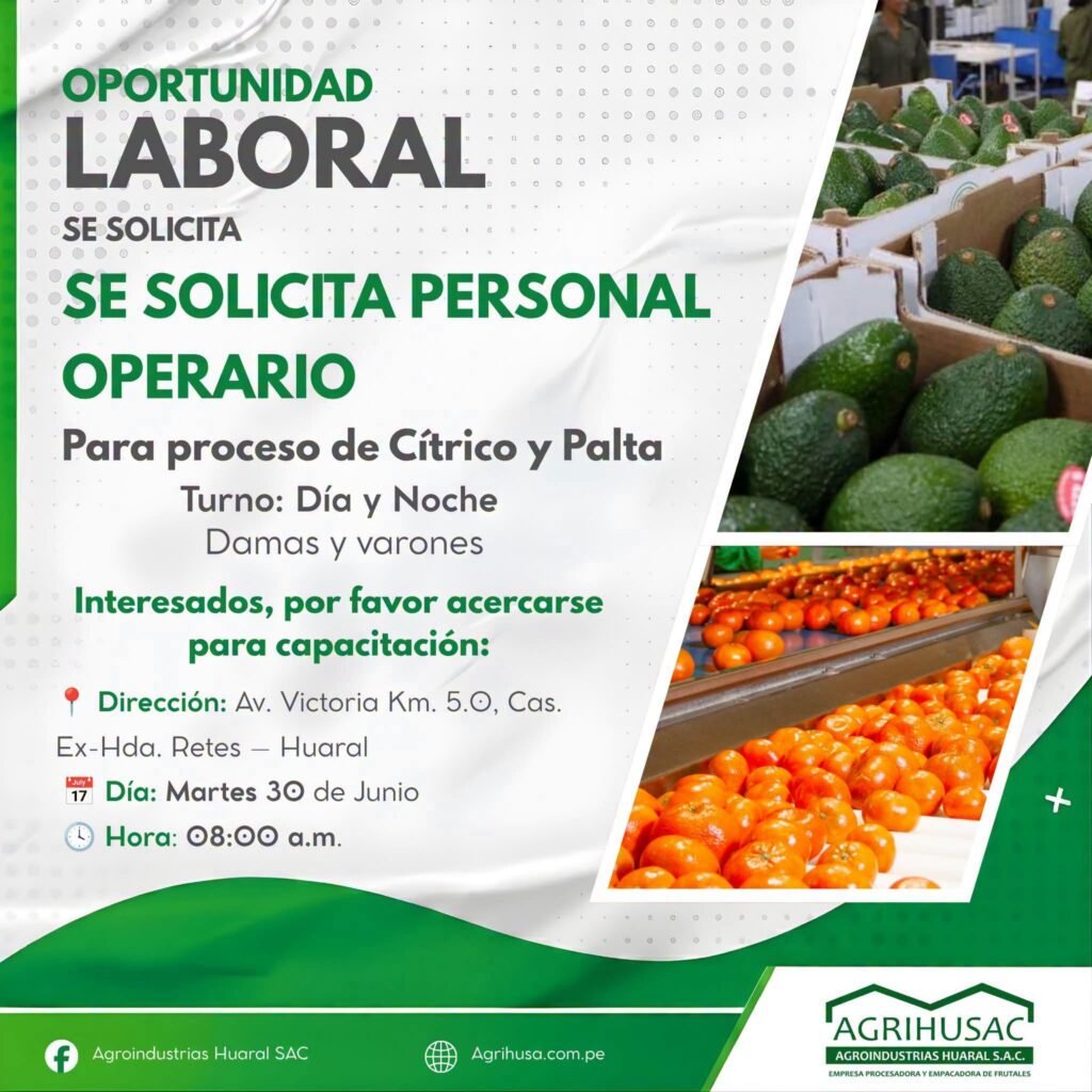 Ae requiere operarios para proceso en packing de citricos y palta