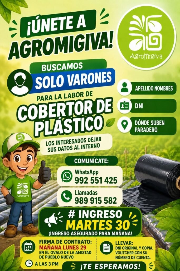 Se requiere personal para cobertor de plastico en Agromigiva