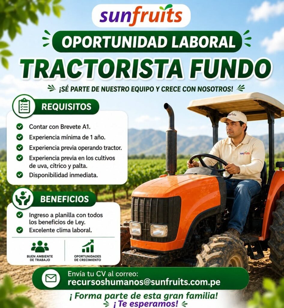 Únete a nuestro equipo en Sun Fruits como Tractorista