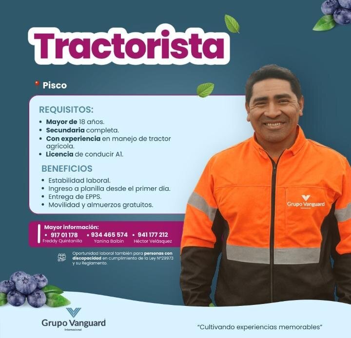 Tractorista para Vanguard en Pisco