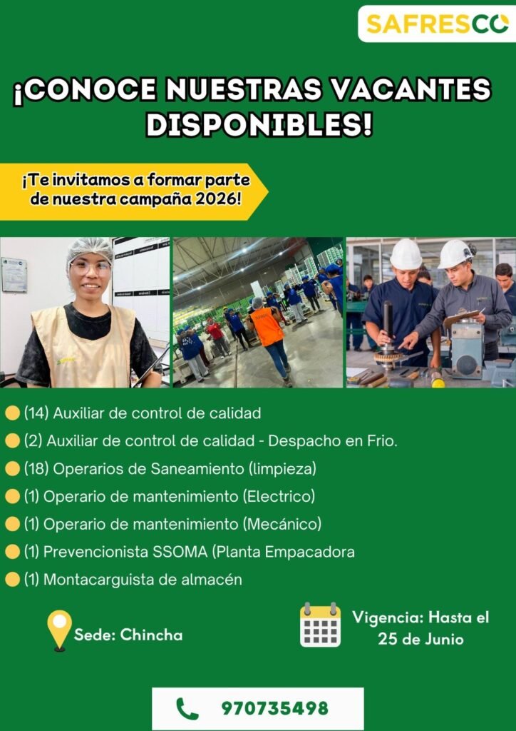 Vacantes disponibles en Safresco en Chincha