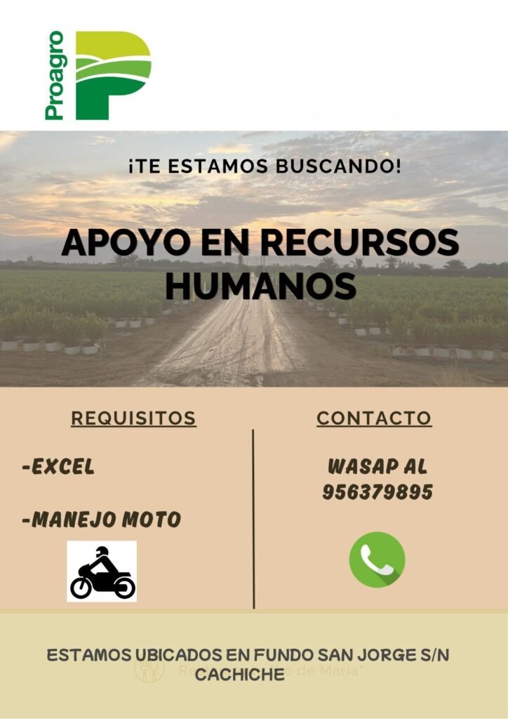 Apoyo en Recursos Humanos en Fundo San Jorge S/N, Cachiche