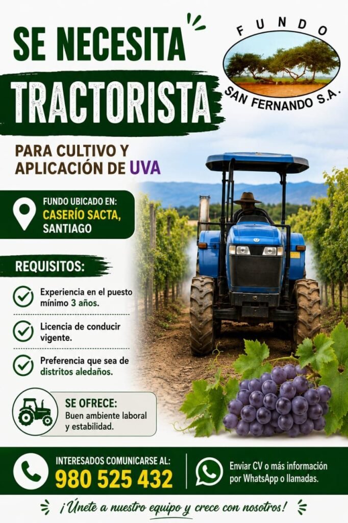Tractorista para fundo san Fernando en Santiago – Ica
