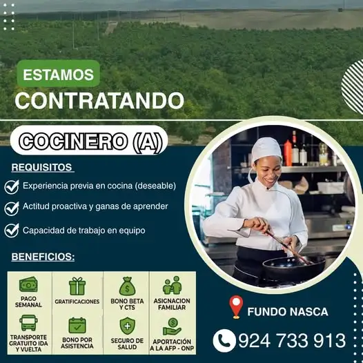 Estamos en búsqueda de un(a) Cocinero(a) fundo nazca – Agricola guilli