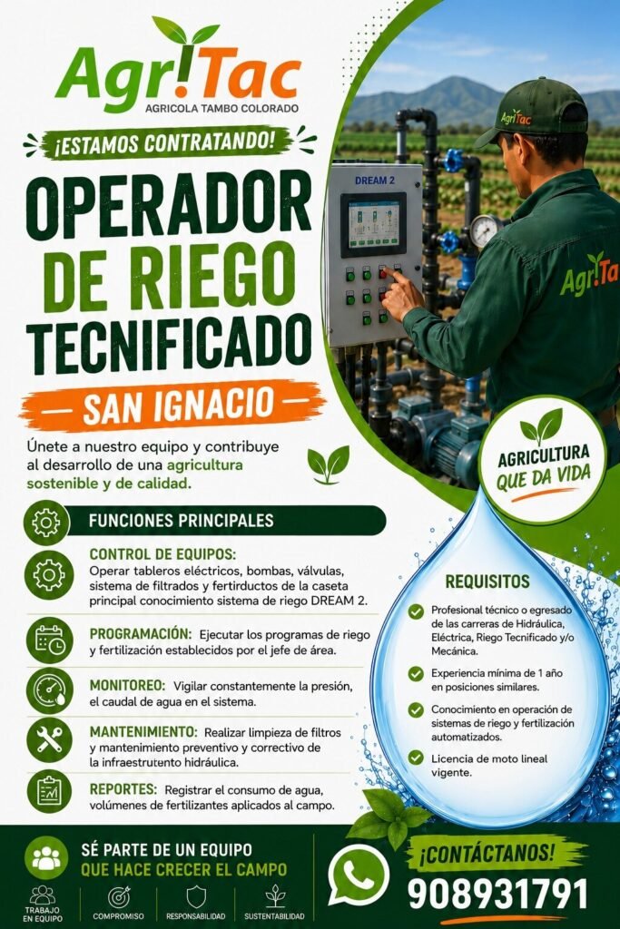 Operador de Riego Tecnificado En Agritac –Fundo San Ignacio (Humay – Pisco)
