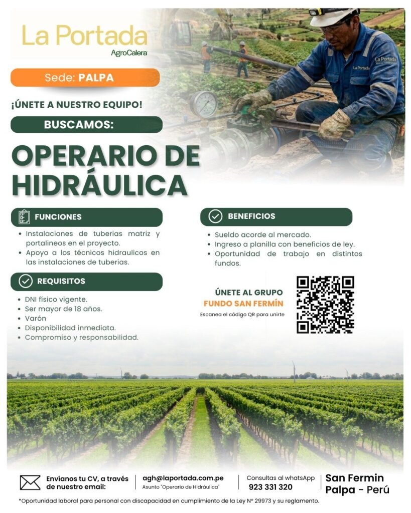 Operario de Hidráulica en Agrocalera Palpa