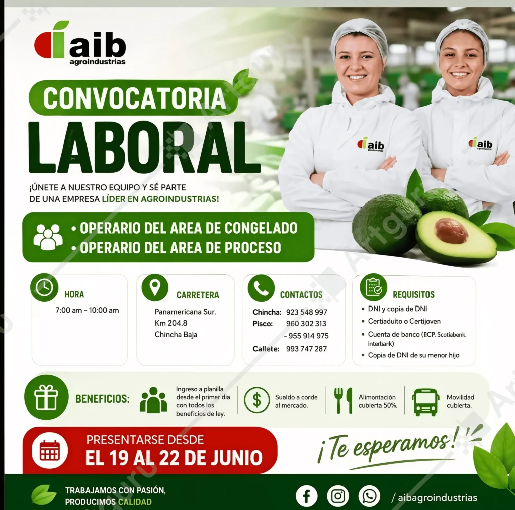 Oportunidad laboral para operarios de congelados y procesos