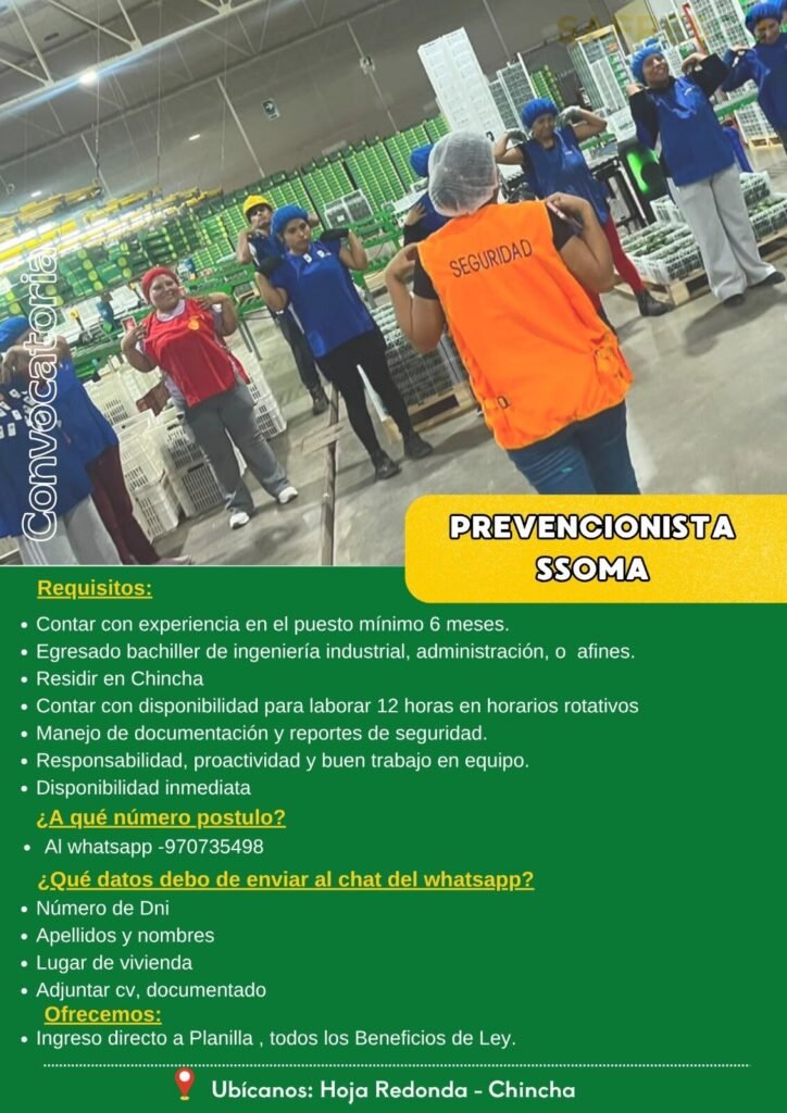 Convocatoria laboral en Safresco – Hoja Redonda, Chincha