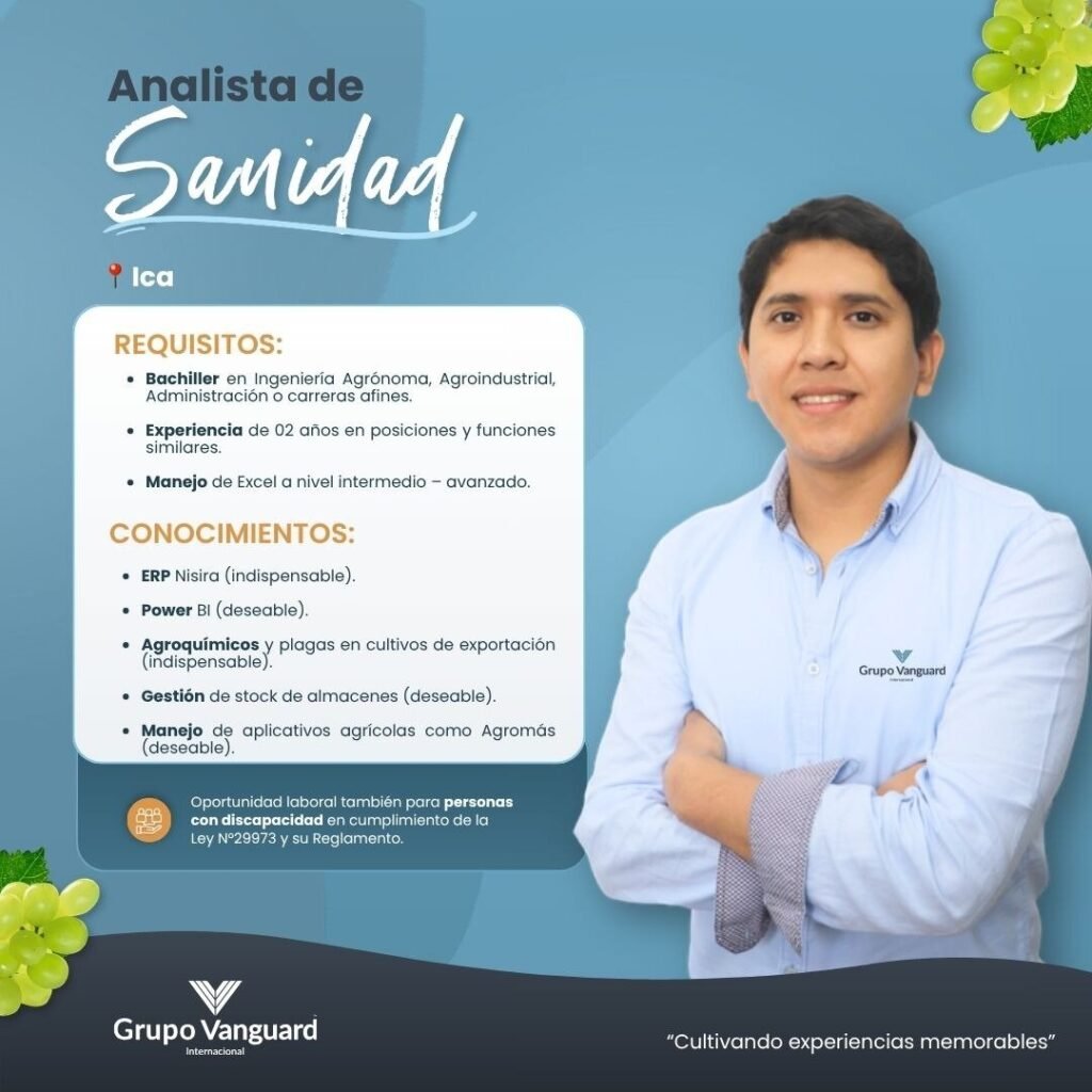 Analista de Sanidad en Grupo Vanguard Internacional, Ica