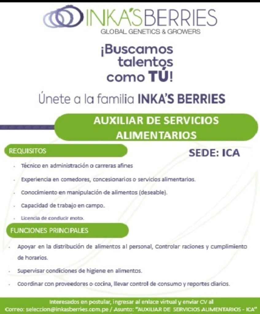 Auxiliar de Servicios Alimentarios en Ica para Inka’s Berries