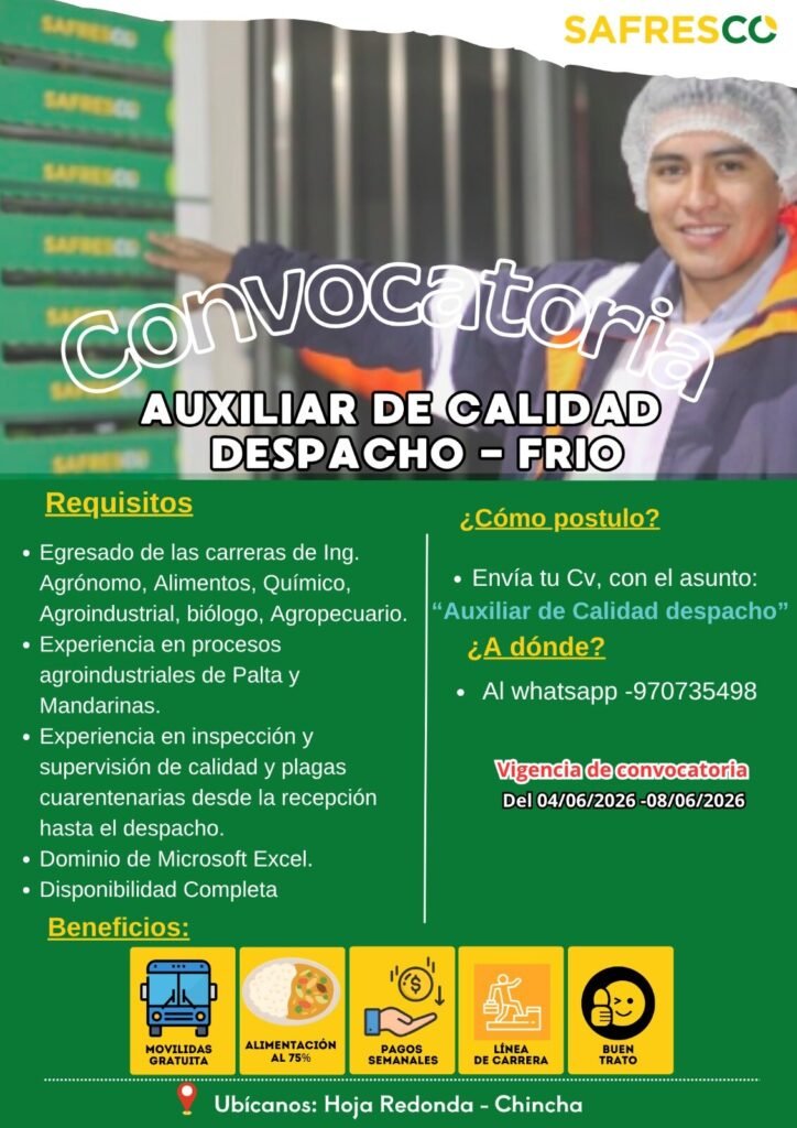 ¡Convocatoria laboral en SAFRESCO! - Chincha - Imagen 2