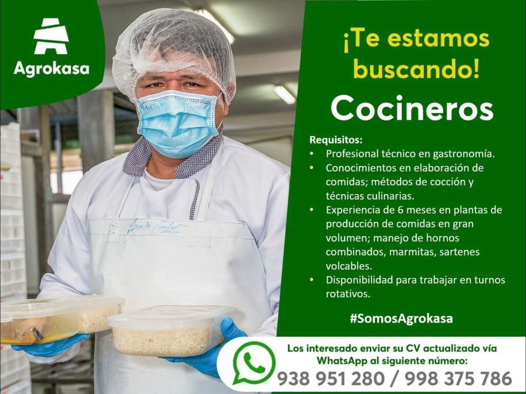 ¡Estamos en busqueda de Cocineros en Agrokasa!