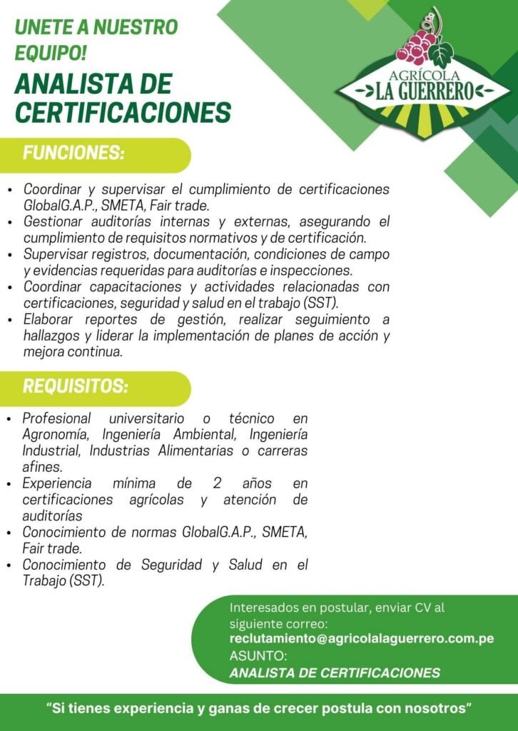 Analista de Certificaciones en Empresa Agrícola en Agricola la Guerrero
