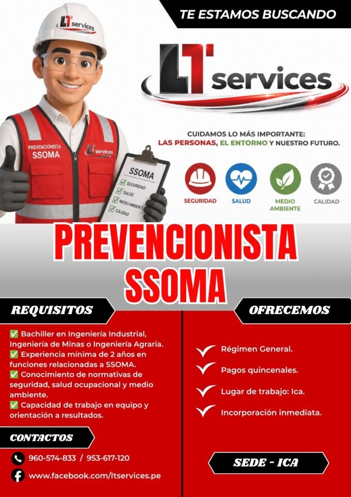 Prevencionista SSOMA para L1′ Services en Ica