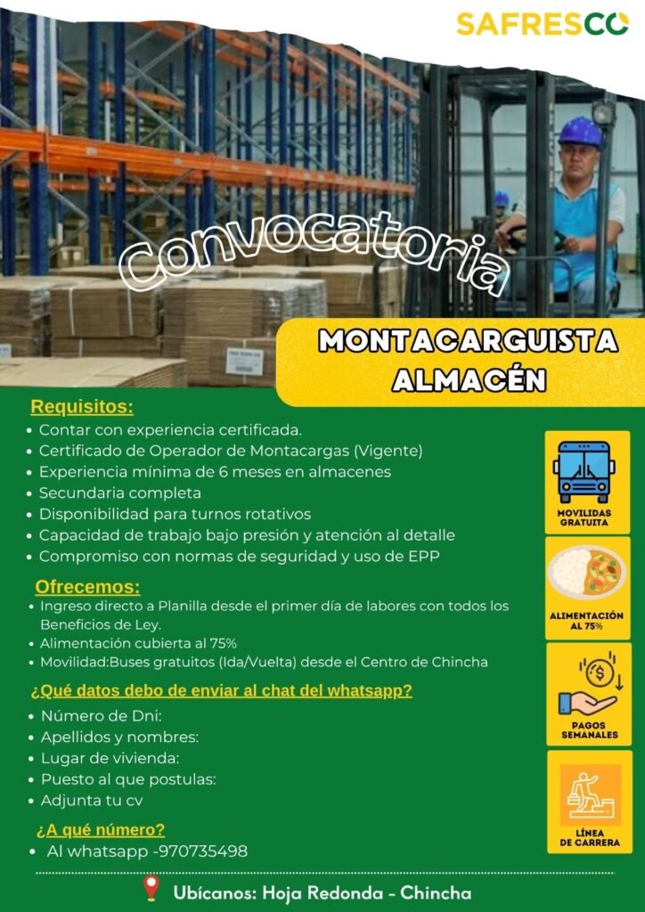 Convocatoria laboral en Safresco – Hoja Redonda, Chincha - Imagen 2