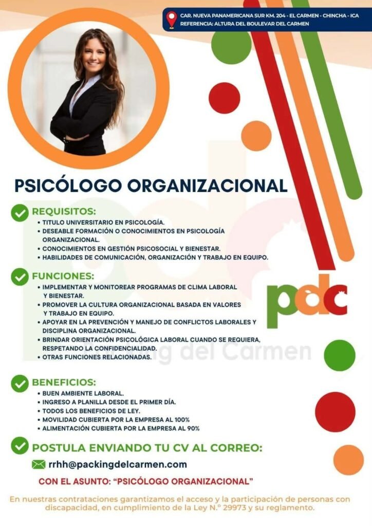 Psicólogo Organizacional para Packing del Carmen en Chincha