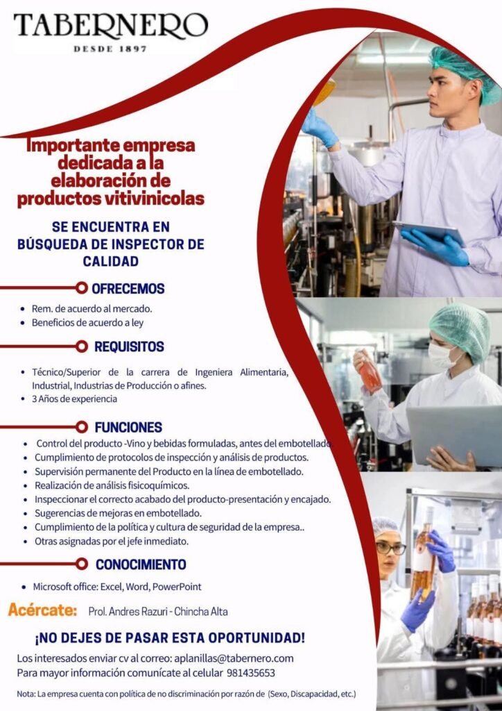 Inspector de Calidad en Empresa Vitivinícola en Chincha Alta