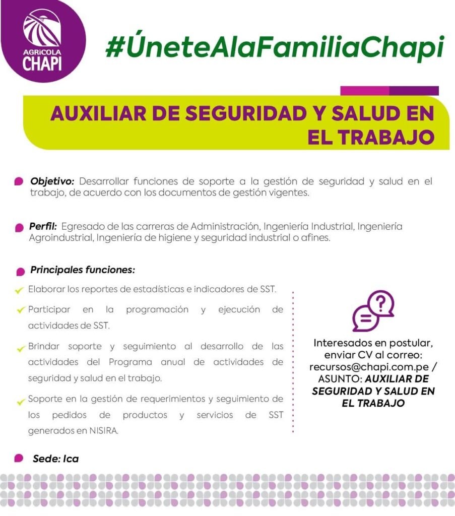 Auxiliar de Seguridad y Salud en el Trabajo en Ica | Agricola Chapi