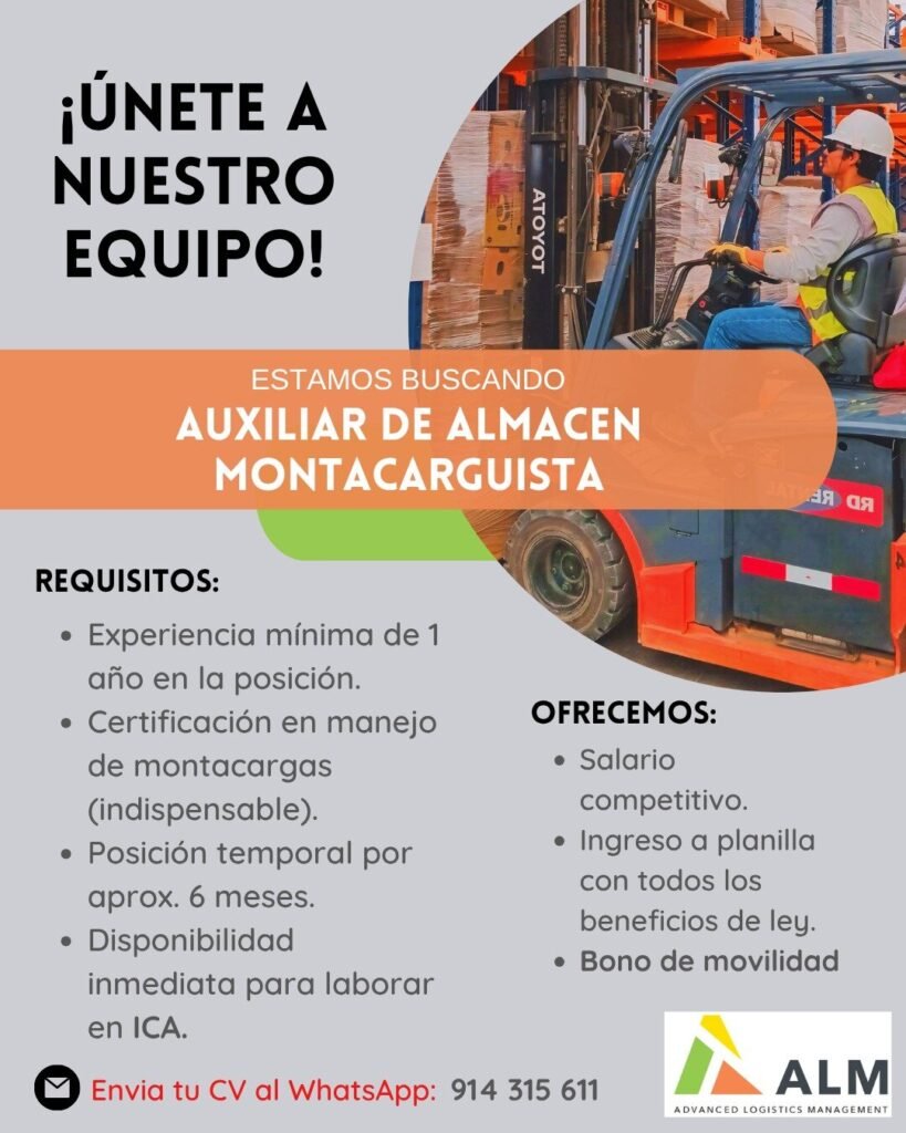 Auxiliar de Almacén Montacarguista en Ica