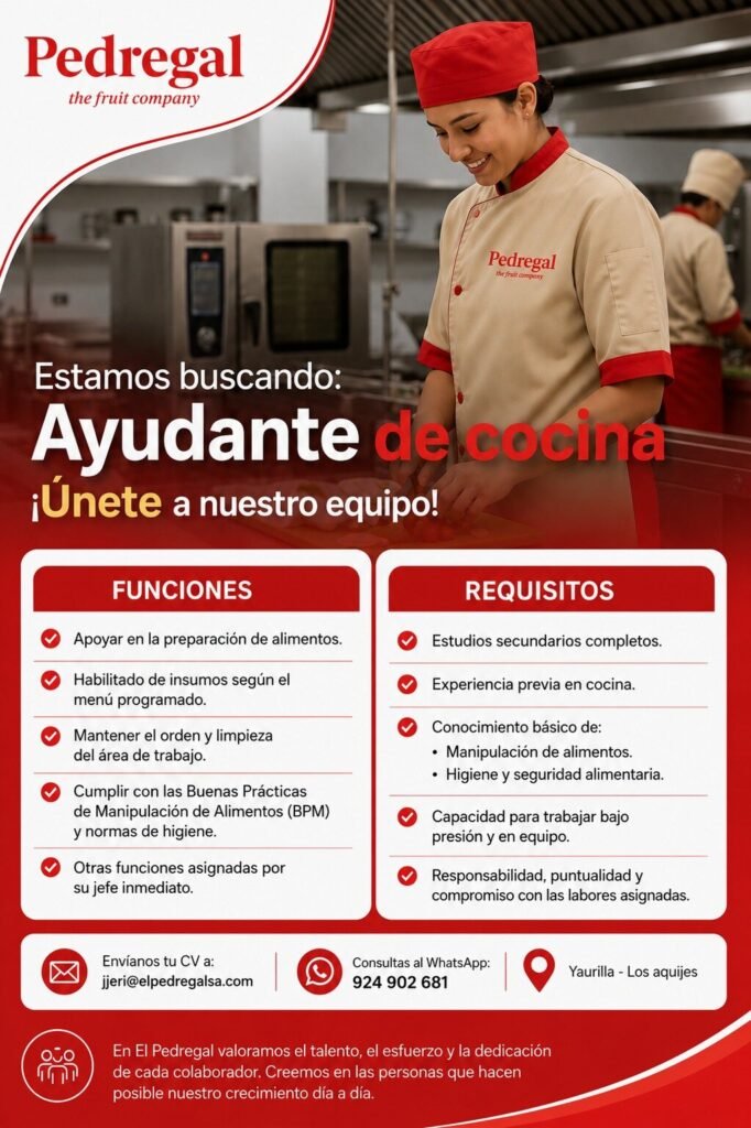 Ayudante de Cocina en El Pedregal, Yaurilla – Los Aquijes