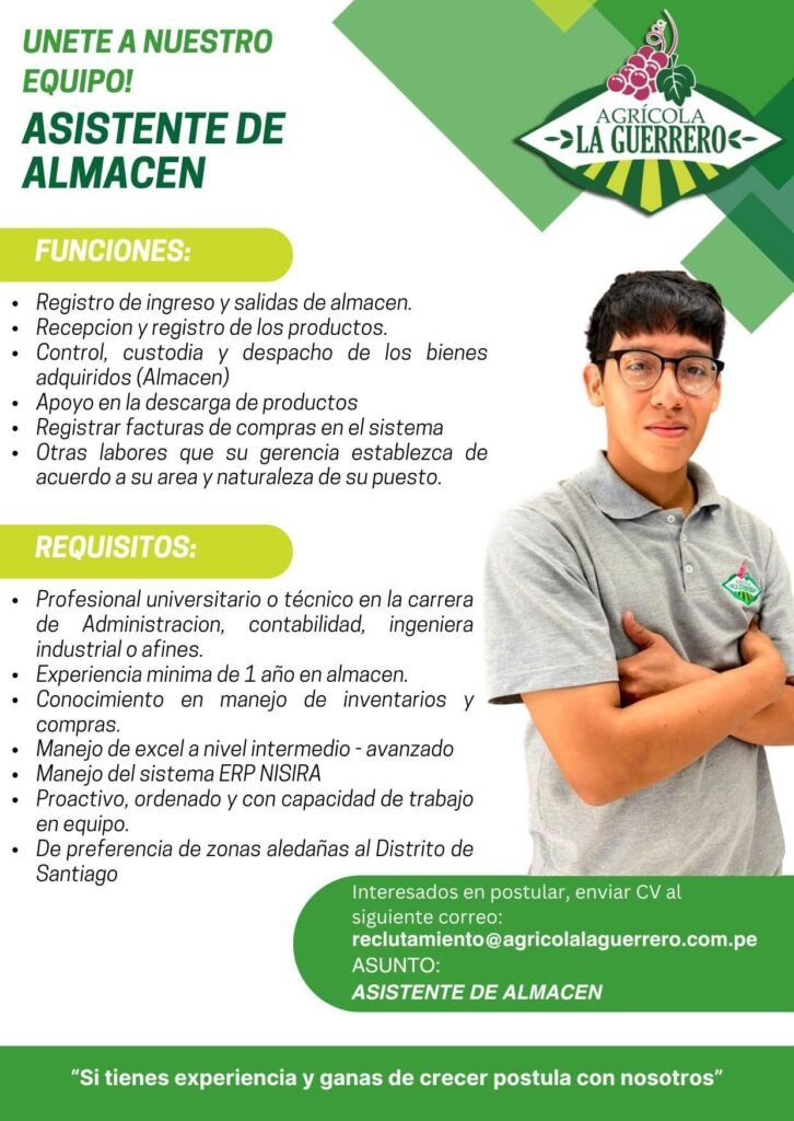 Asistente de Almacén para Agrícola La Guerrero en Santiago